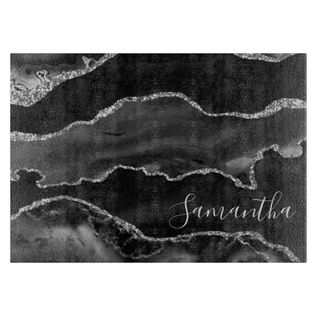 Black and Faux Silver Glitter Marble Agate Cutting Board (Front)