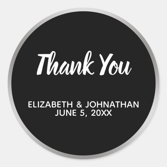 Black and Faux Silver Wedding Thank You Classic Round Sticker (Front)