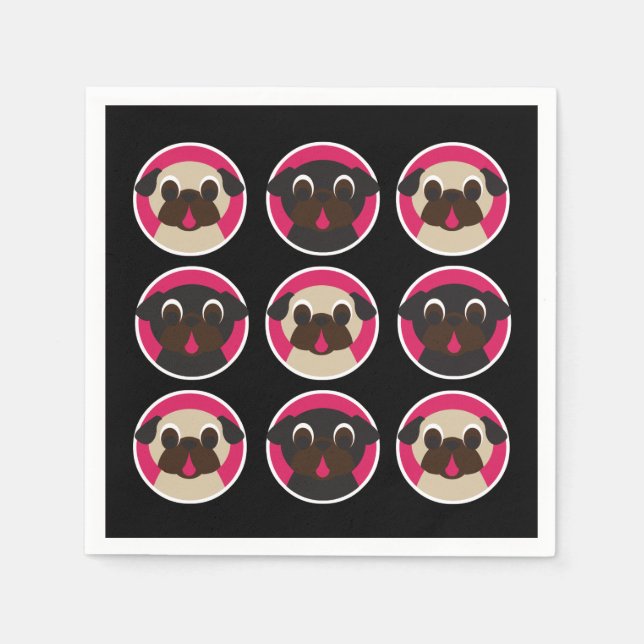Black and Fawn Pug Heads Birthday Party Napkin (Front)