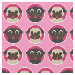 Black and Fawn Pug Heads Fabric on Pink