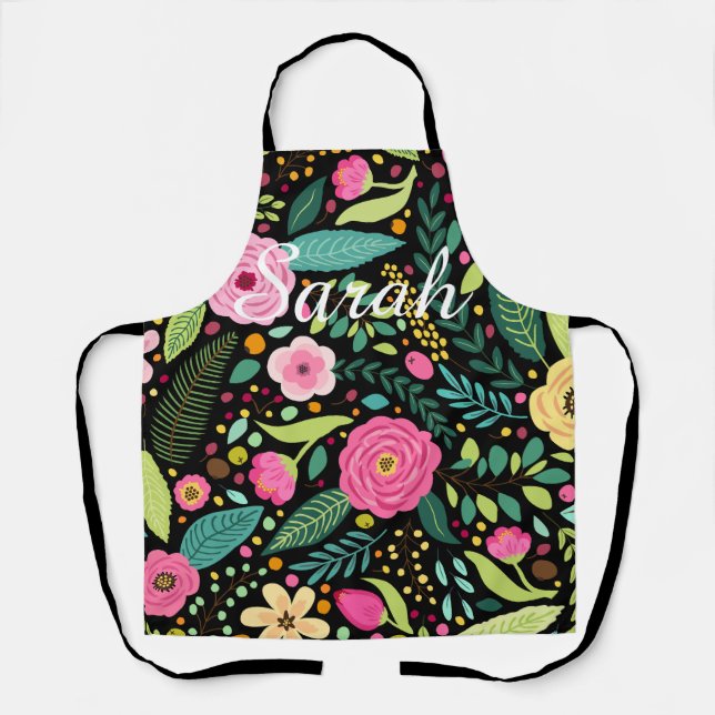 Black and Floral Kitchen Apron Customisable (Front)