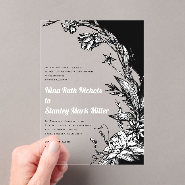 Black and flowers, typography floral wedding acrylic invitations (Insitu (Handheld))