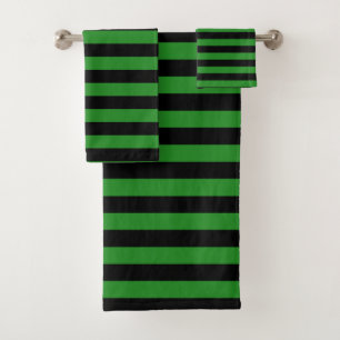 Black And Forest Green Horizontal Stripe Bath Towel Set