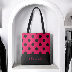 Black and Fuchsia Chic Polka Dots with Monogram Tote Bag