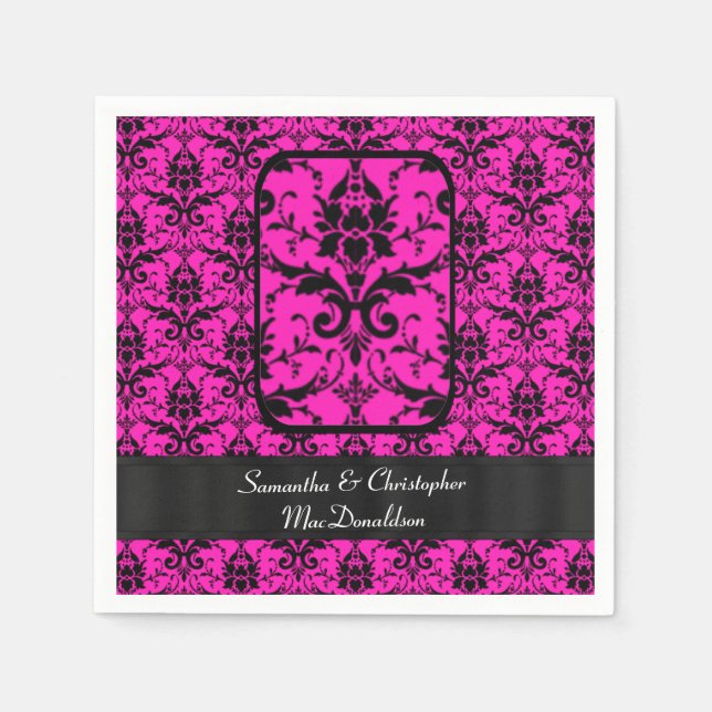 Black and fuchsia pink damask pattern napkin (Front)