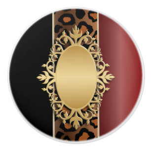 Black and Garnet Red Jaguar Animal Print Ceramic Knob