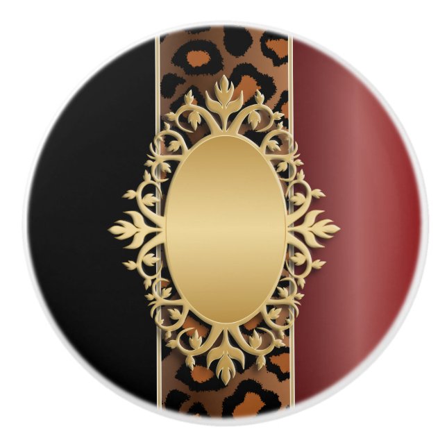 Black and Garnet Red Jaguar Animal Print Ceramic Knob (Front)