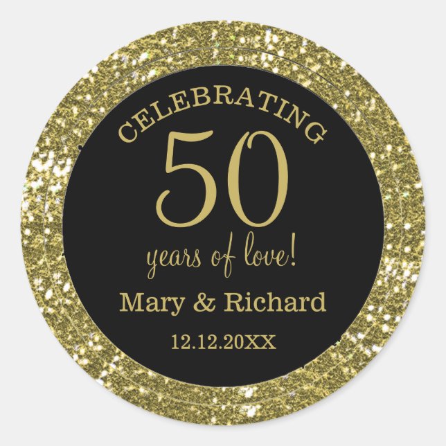 Black And Glitter Gold 50th Wedding Anniversary Classic Round Sticker (Front)