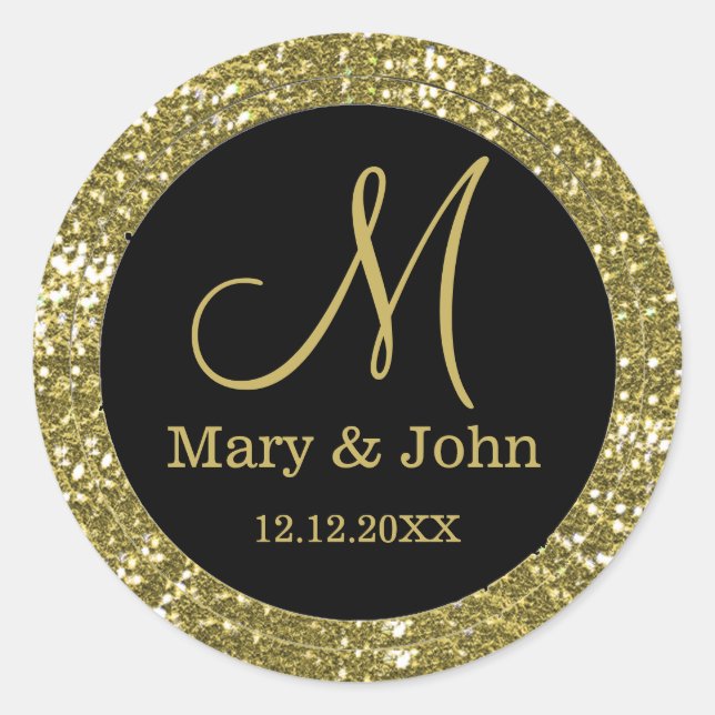 Black And Glitter Gold Wedding Monogram Seals (Front)
