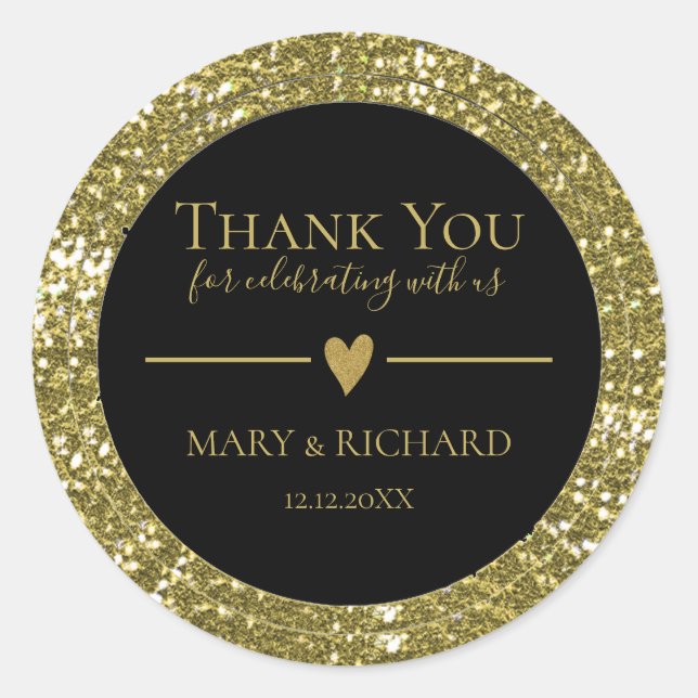 Black And Glitter Gold Wedding Thank You Favour Classic Round Sticker (Front)