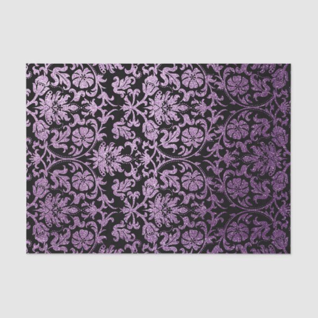 Black and Glitter Purple Floral Damask Tissue Paper (Front)