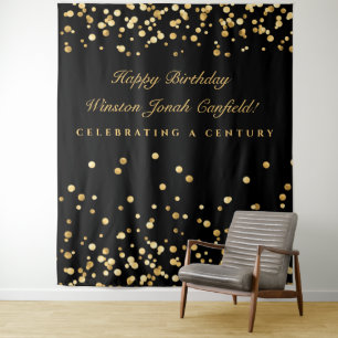 Black And Gold 100th Birthday Photobooth Backdrop Tapestry