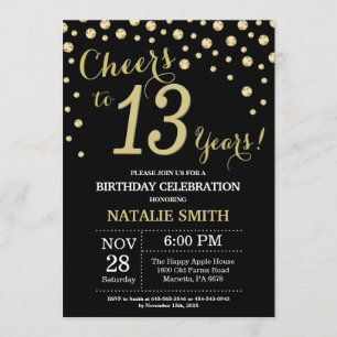 Black and Gold 13th Birthday Diamond Invitation