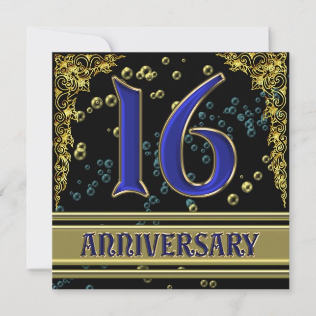 Black and Gold 16th Anniversary party Invitation (Front)