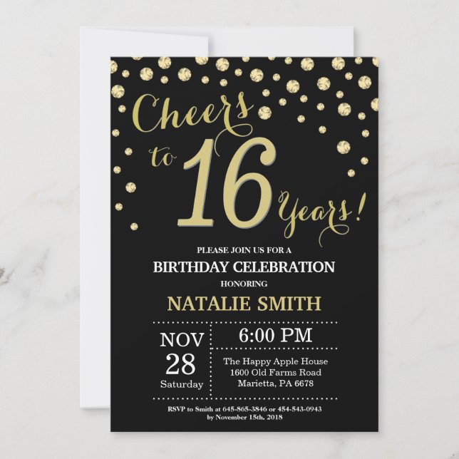 Black and Gold 16th Birthday Diamond Invitation (Front)