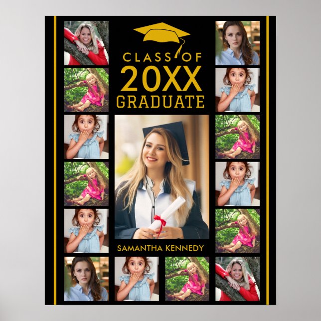 Black And Gold 17 Photo Collage 2026 Graduation Poster (Front)