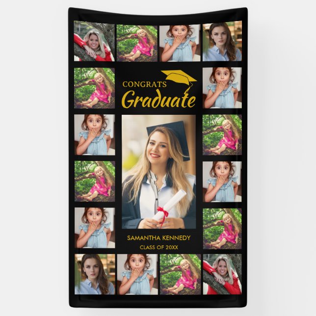 Black And Gold 17 Photo Collage Graduation Party Banner (Vertical)