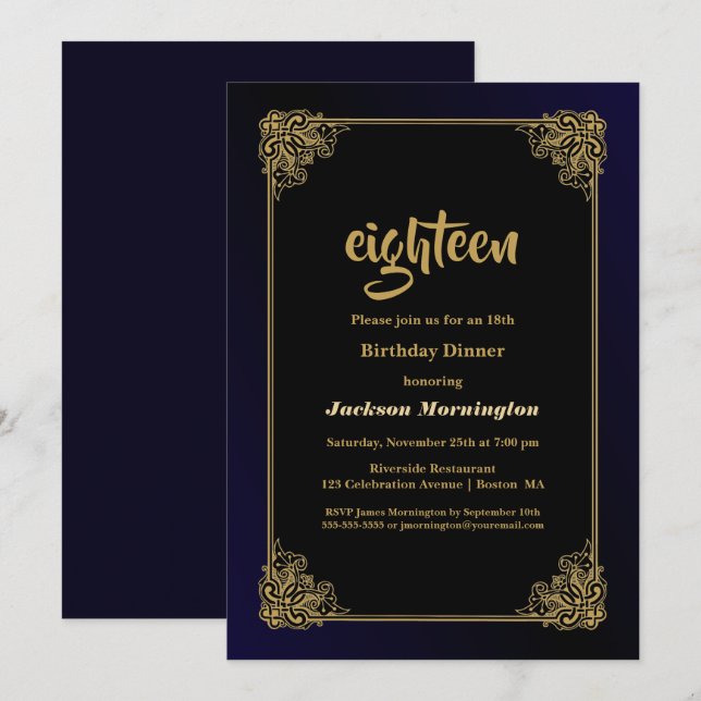 Black and Gold 18th Birthday Dinner Invitation (Front/Back)