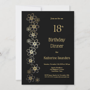 Black and Gold 18th Birthday Dinner Party Invitation