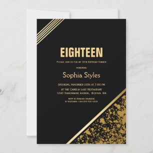 Black and Gold 18th Birthday Dinner Party Invitation