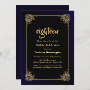 Black and Gold 18th Birthday Party Invitation