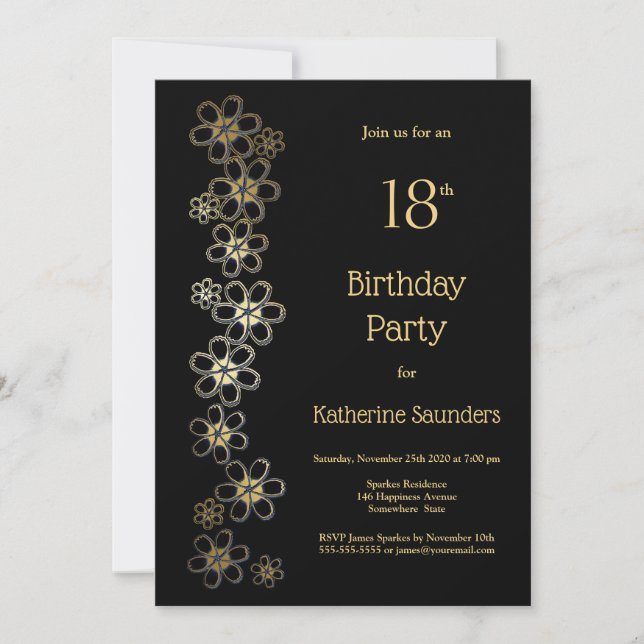 Black and Gold 18th Birthday Party Invitation (Front)