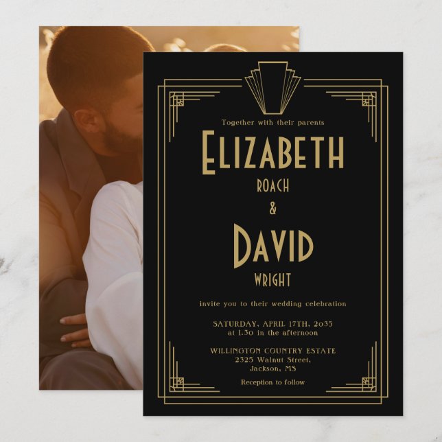 Black And Gold 1920s Art Deco Photo Wedding Invitation (Front/Back)