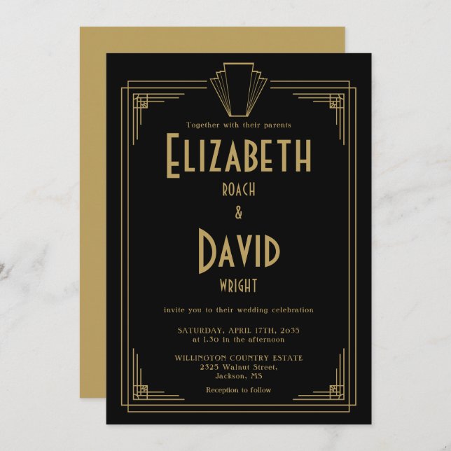 Black And Gold 1920s Art Deco Wedding Invitation (Front/Back)