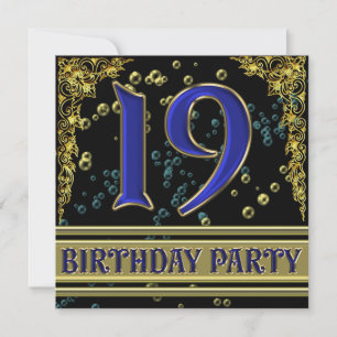 Black and Gold 19th Birthday party Invitation