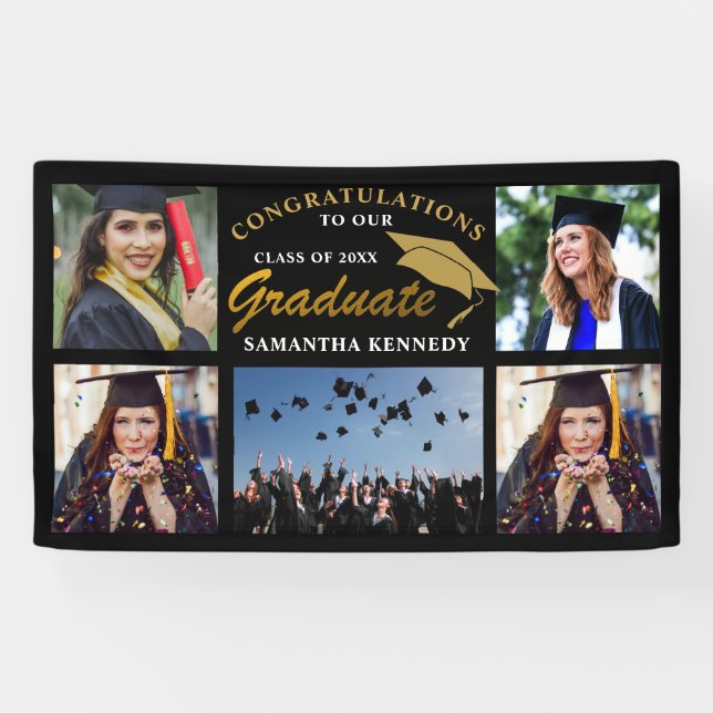 Black And Gold 2023 Graduation 5 Photo Collage   Banner (Horizontal)