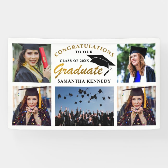 Black And Gold  2025 Graduation 5 Photo Collage Banner (Horizontal)