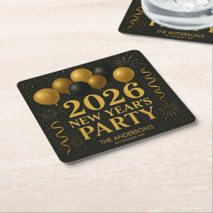 Black And Gold 2026 New Year Party Square Paper Coaster