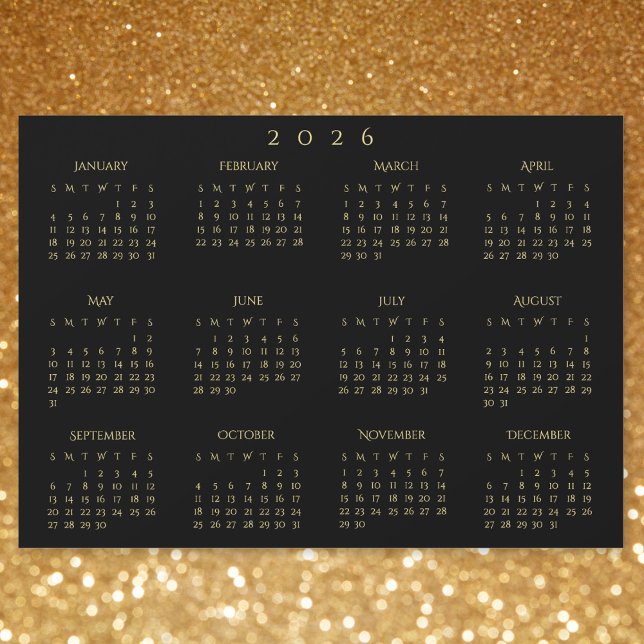 Black and Gold 2026 Yearly Calendar Magnetic Card (Black and Gold 2026 Yearly Calendar Magnetic Card)