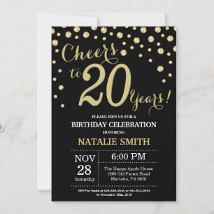 Black and Gold 20th Birthday Diamond Invitation