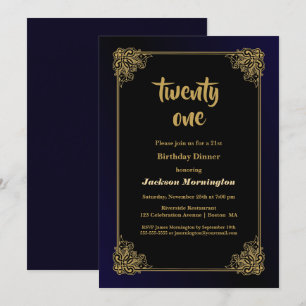 Black and Gold 21st Birthday Dinner Invitation