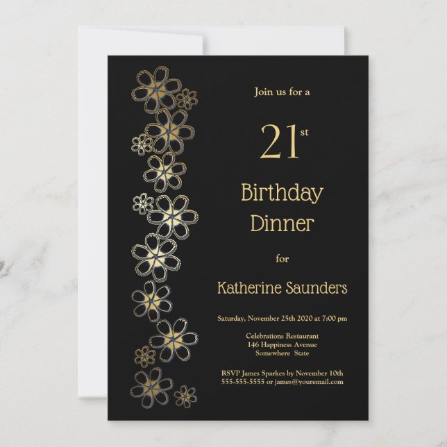 Black and Gold 21st Birthday Dinner Party Invitation (Front)