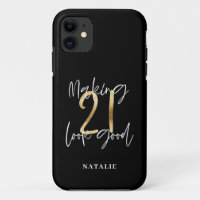 Black and gold 21st birthday modern script stylish