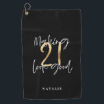 Black and gold 21st birthday modern script stylish golf towel<br><div class="desc">Modern black and gold 21st birthday gift. Part of a elegant stylish collection</div>