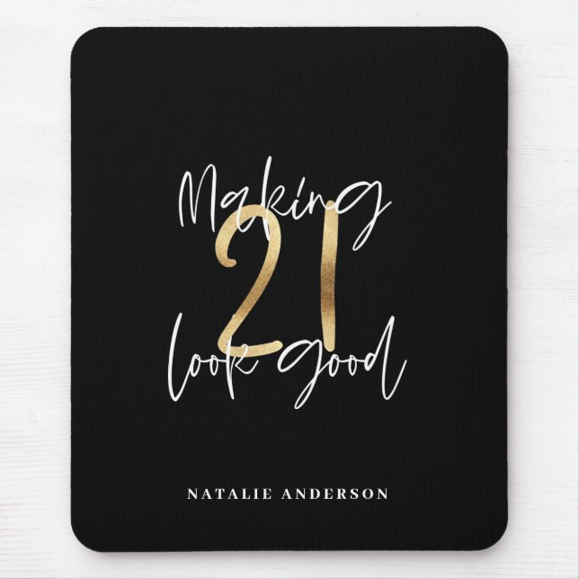 Black and gold 21st birthday modern script stylish mouse mat (Front)