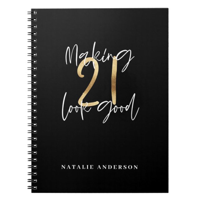 Black and gold 21st birthday modern script stylish notebook (Front)