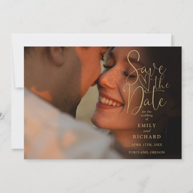 Black And Gold 2 Photo Elegant Script Wedding  Save The Date (Front)