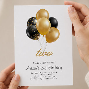 Black and Gold 2nd Birthday with Balloons Invitation