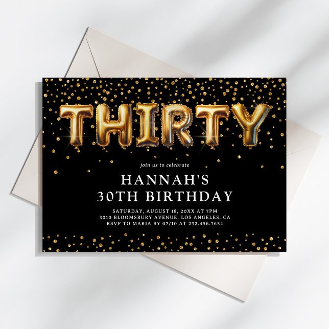 Black and Gold 30th Birthday Balloons Invitation (Creator Uploaded)