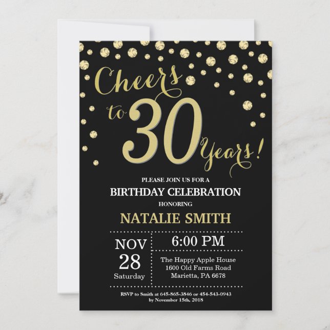 Black and Gold 30th Birthday Diamond Invitation (Front)
