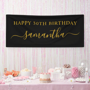 Black and Gold 30th Birthday Girly Signature Name Banner
