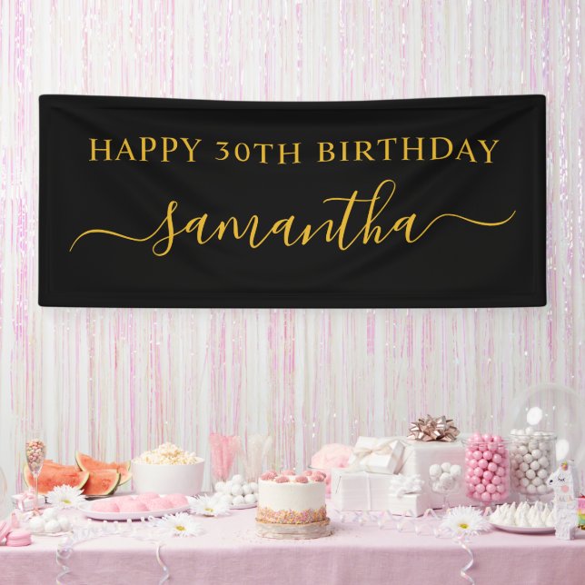 Black and Gold 30th Birthday Girly Signature Name Banner (Party)