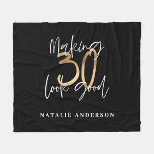 Black and gold 30th birthday modern script stylish fleece blanket