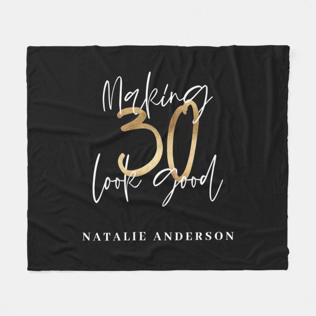 Black and gold 30th birthday modern script stylish fleece blanket (Front (Horizontal))