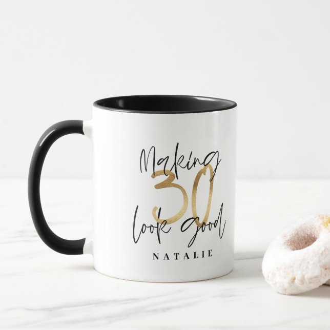 Black and gold 30th birthday modern script stylish mug (With Donut)