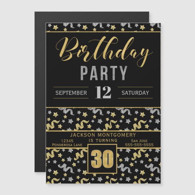 Black and Gold 30th Birthday Party Confetti Magnetic Invitation (Front/Back)